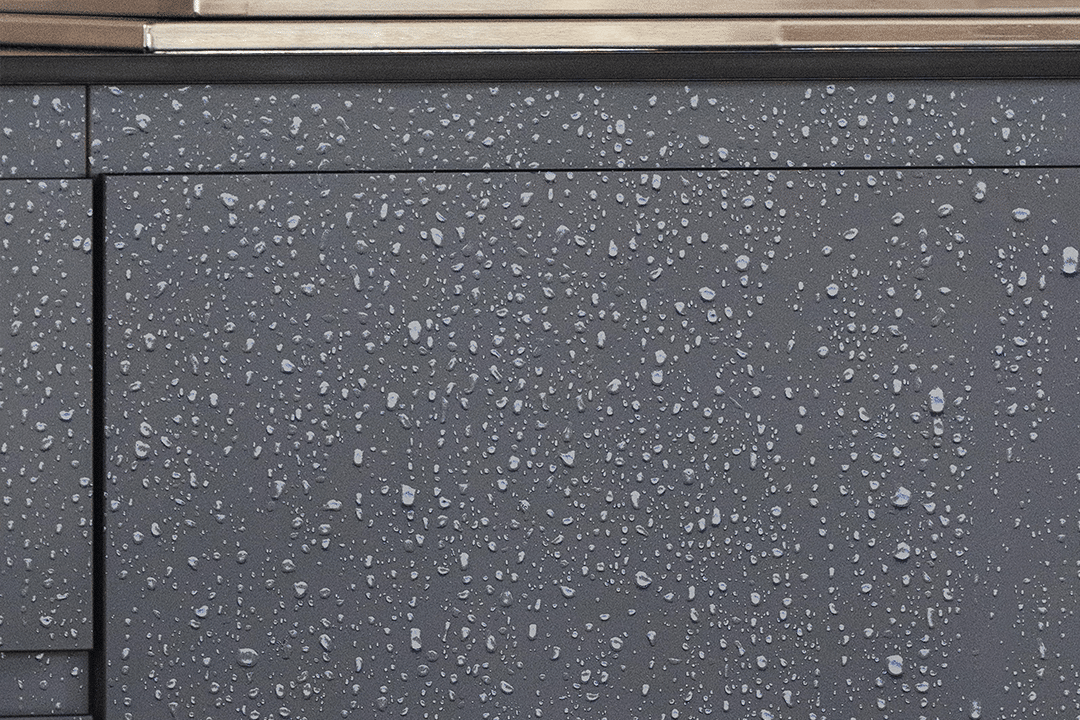Close up of waterproof outdoor kitchen cabinetry